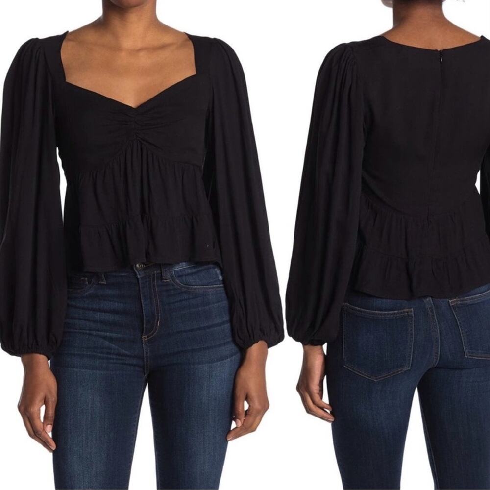 AFRM Revolve Black Babydoll Top Long Sleeve Zip Up Zipper Sweetheart Neckline M